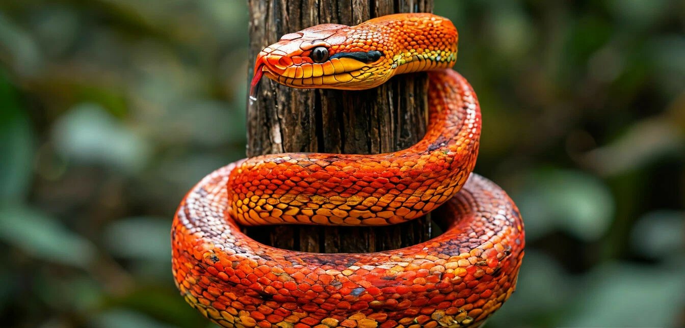 Orange coiled snake wrapped around a wooden post with blurred green foliage
