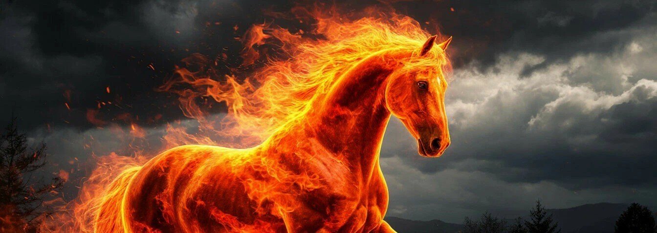 Fiery horse made of flames galloping against a dark stormy sky