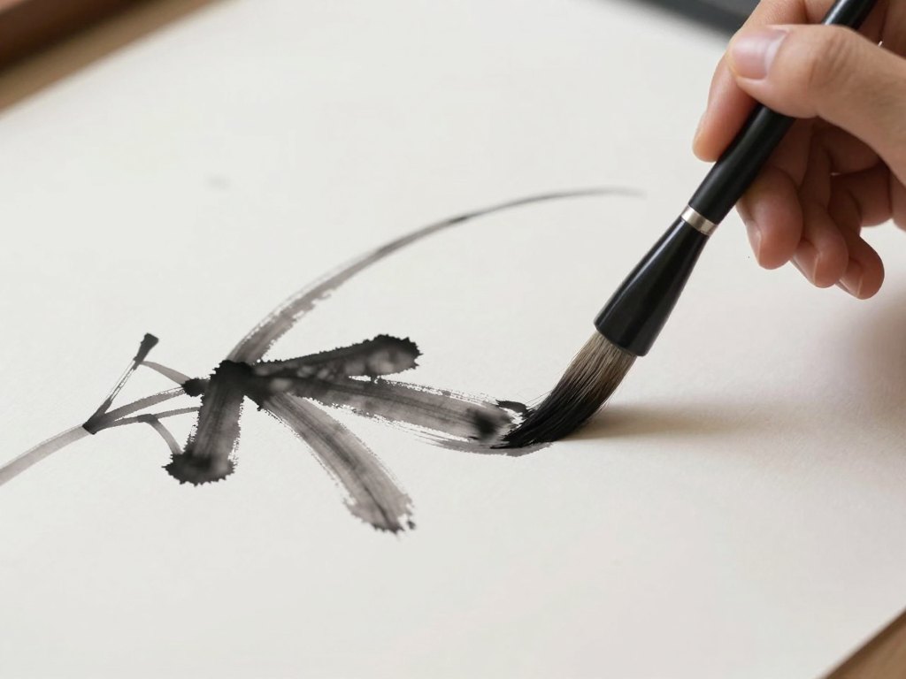 Hand holding a brush painting a flowing orchid leaf in ink on paper