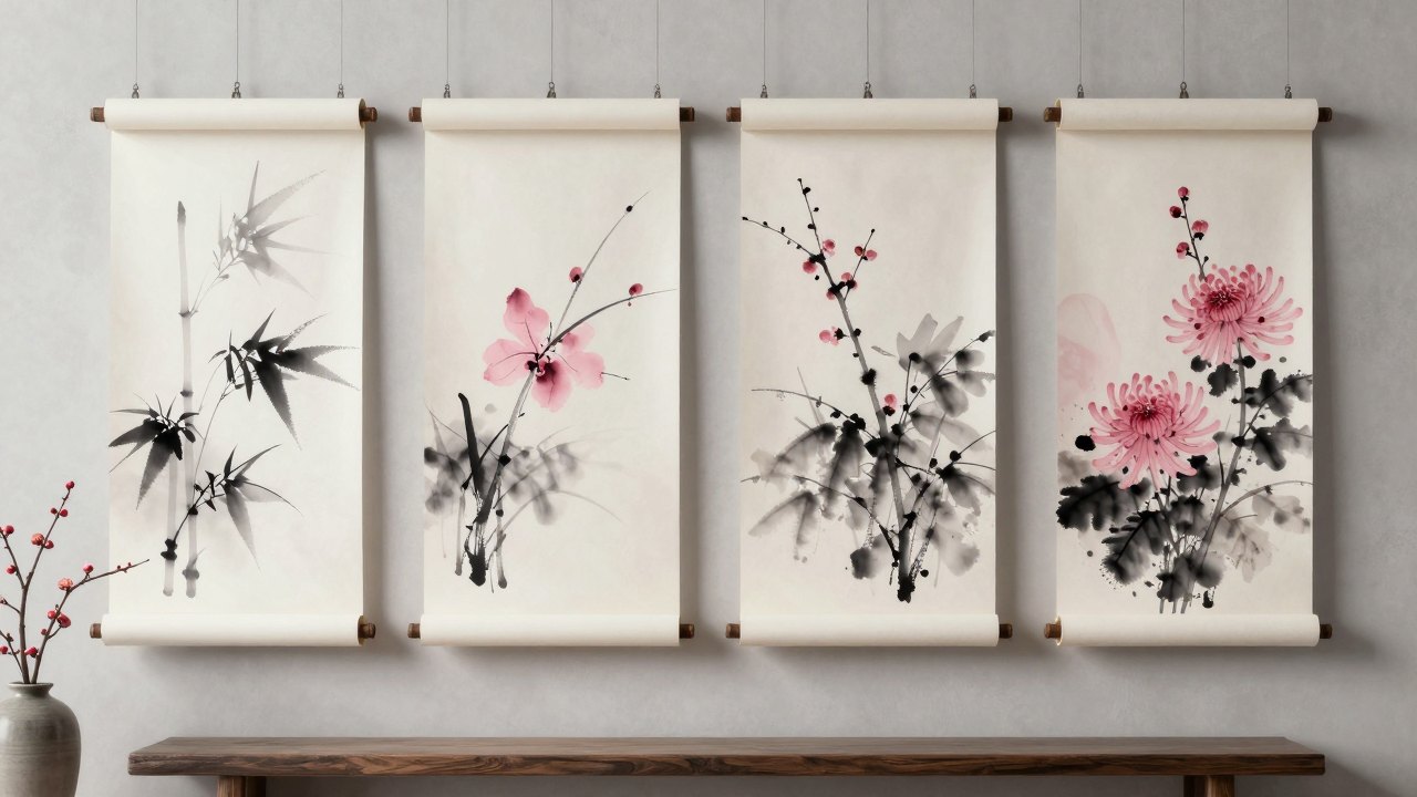 Four ink paintings of plants hanging on a plaster wall above a bench with plum twigs