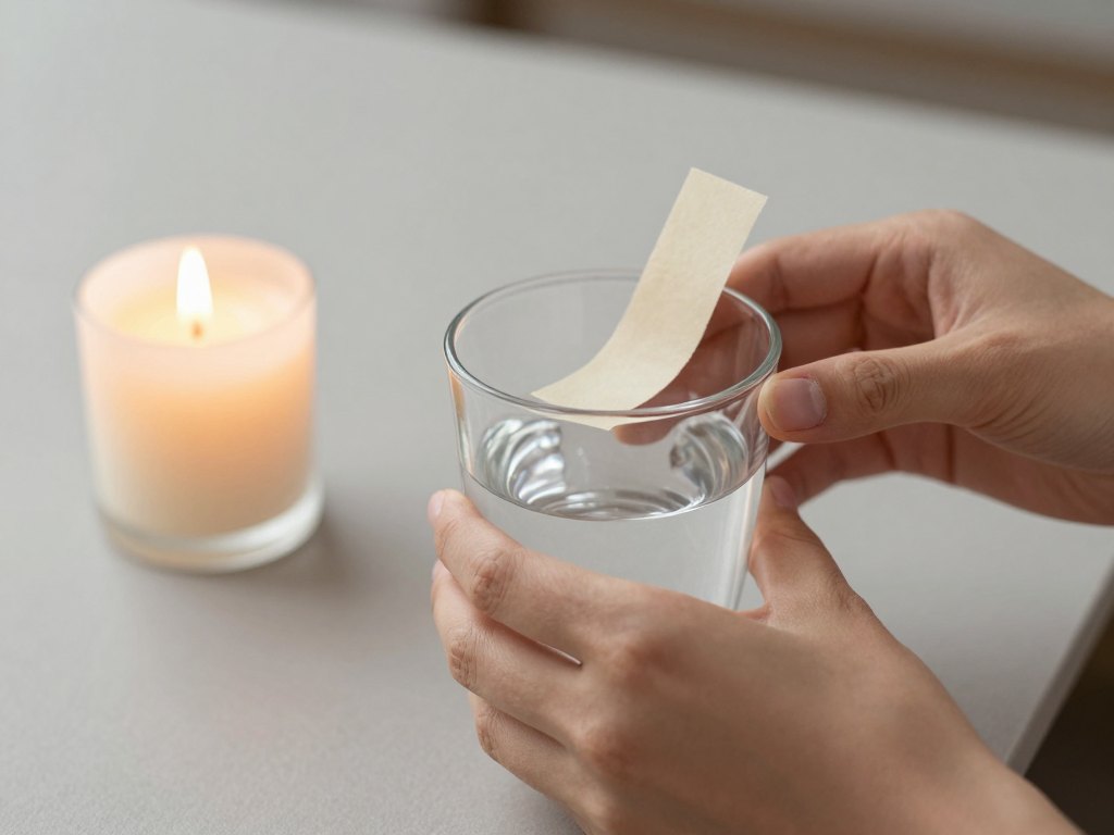 Hands holding a paper strip bending in breath beside a candle and glass of water