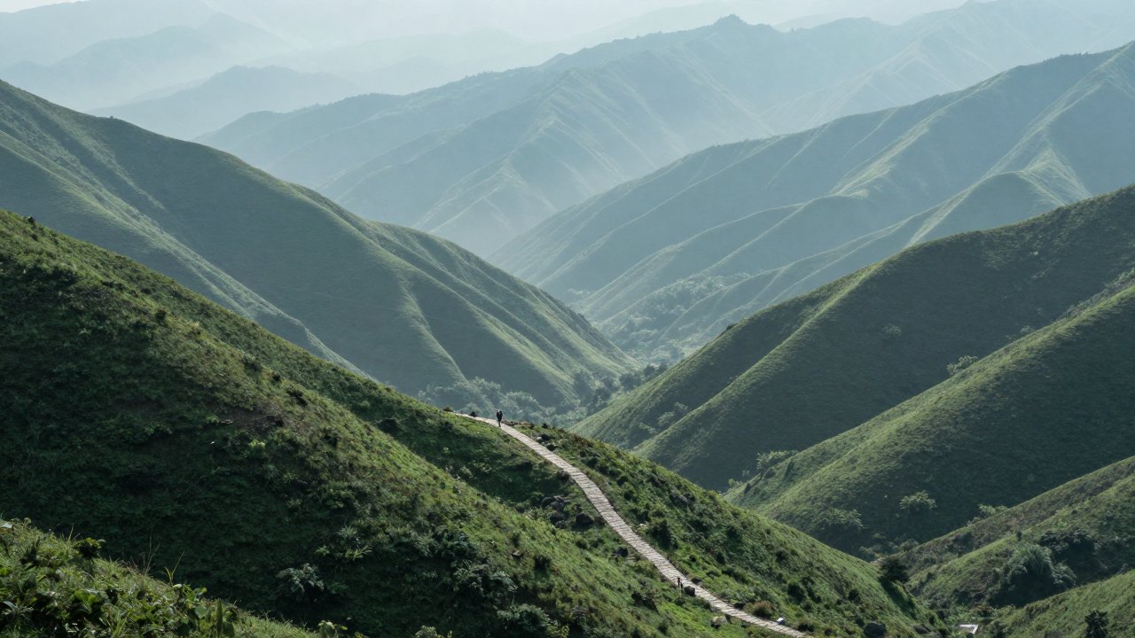 Misty green mountain valley with a winding path and a distant walker seen from behind