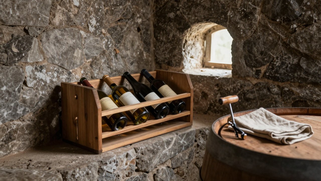 Bottles lying in a wooden rack in a cool stone cellar