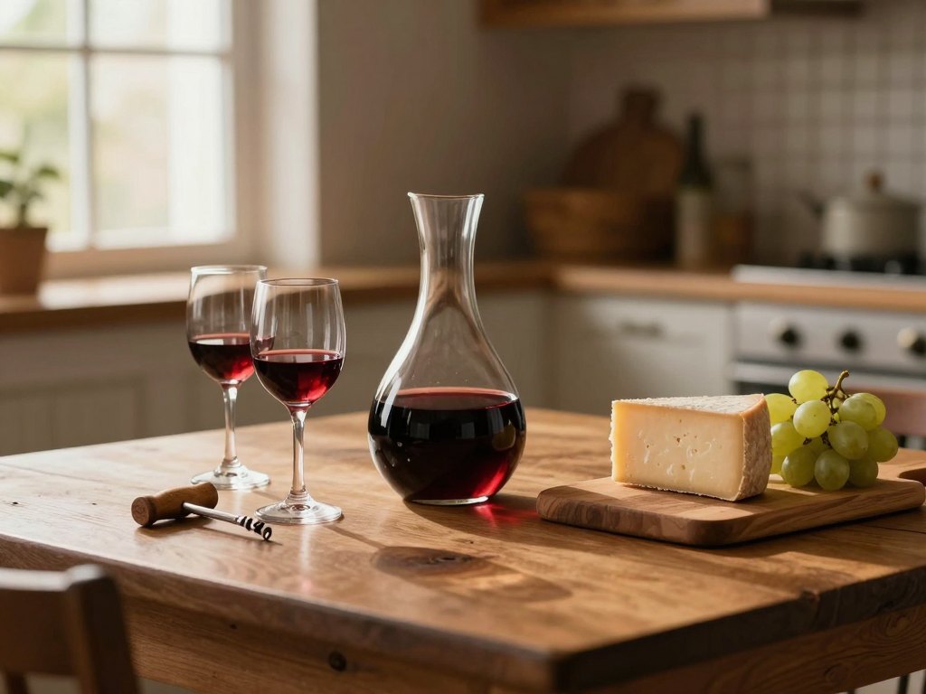 Decanter of red wine, two glasses, corkscrew and cheese board on a wooden kitchen table