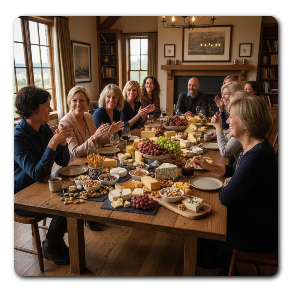 A group of smiling women around a wooden table laden with cheeses, grapes and nuts
