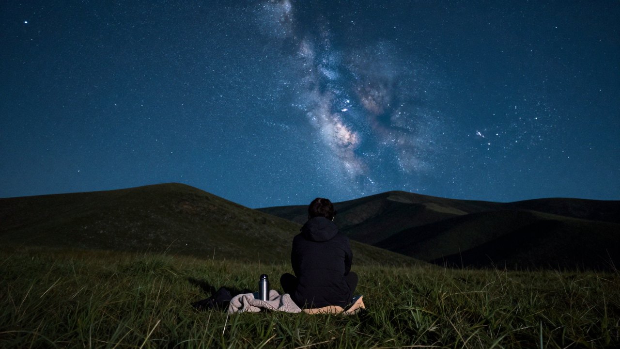 Person seen from behind sitting on a hillside under a starry night sky
