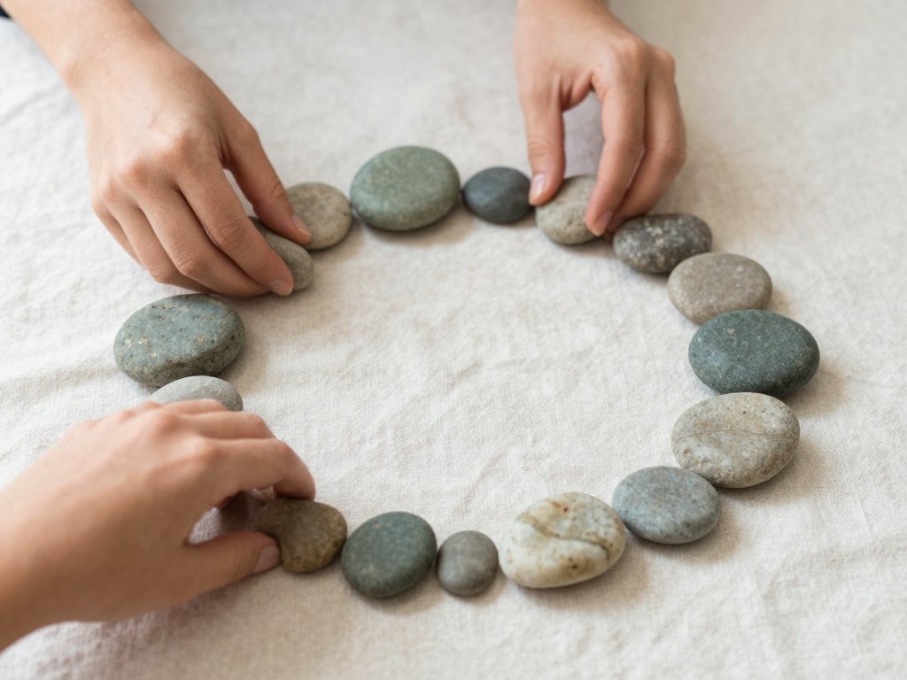 Hands arranging smooth stones in a circle on linen cloth in soft daylight