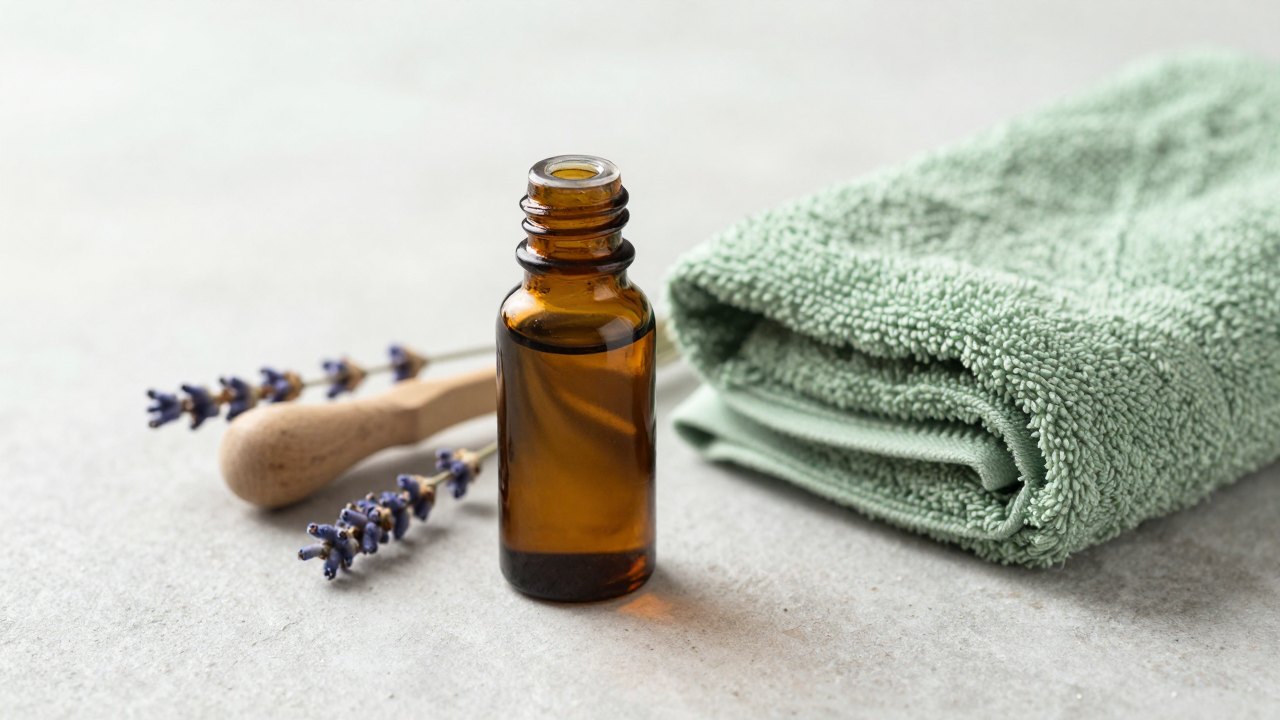 Unlabelled oil bottle, folded green towel, wooden massage tool and dried lavender on a stone surface