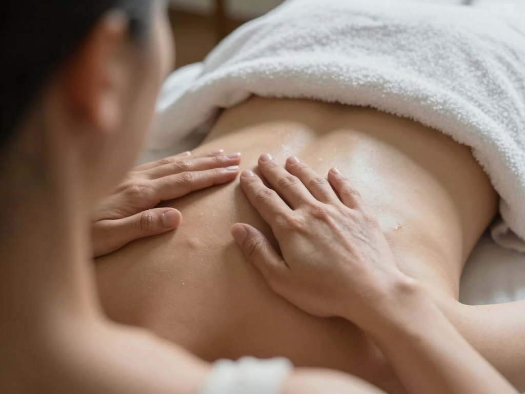 View from above of a therapist's hands gliding across a towel-covered back