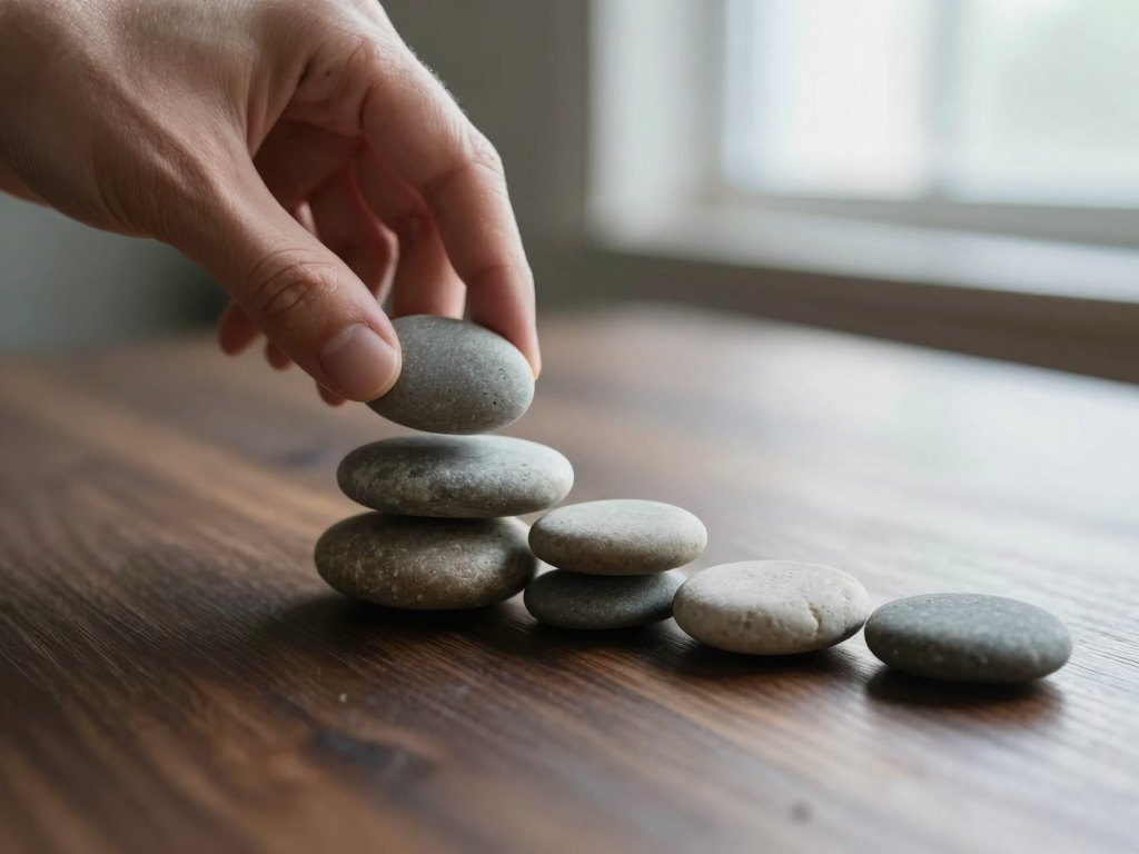 A hand places a stone onto a rising row of stones on a wooden table
