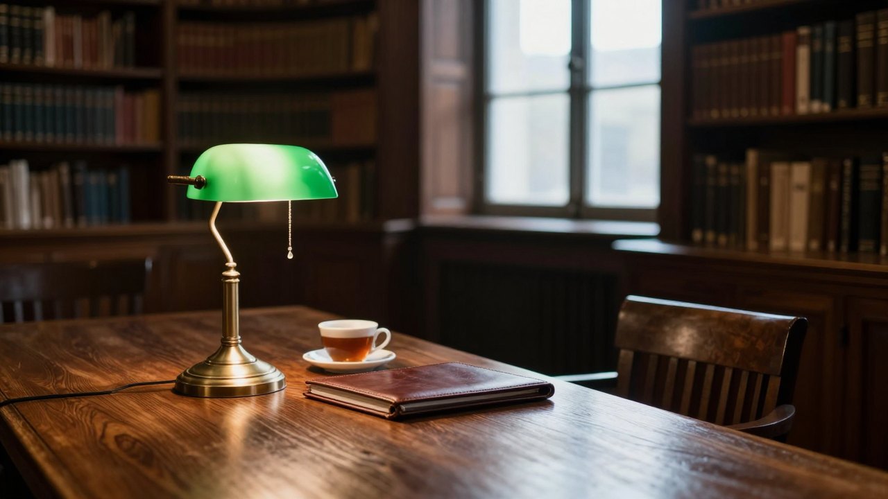 Quiet library reading table with a lamp, a cup of tea and an empty chair