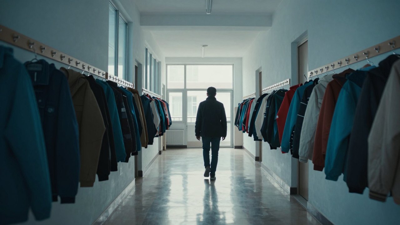 Adult seen from behind walking down a quiet school corridor lined with jackets on hooks