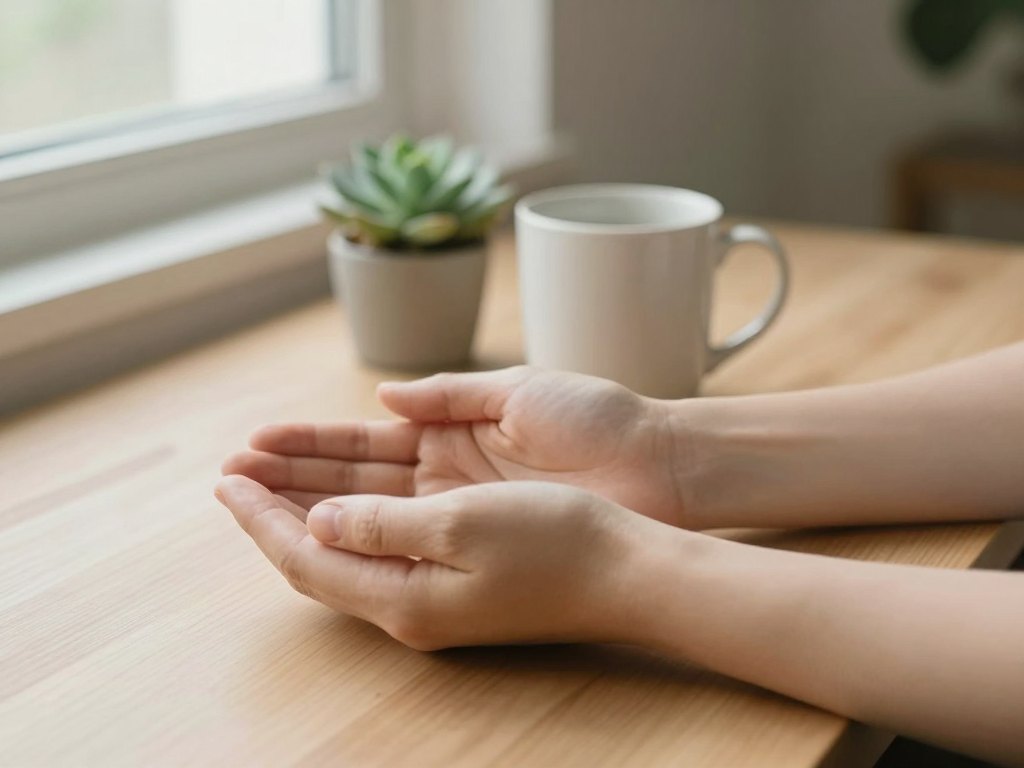 Two calm hands resting on a wooden desk beside a mug and a small succulent