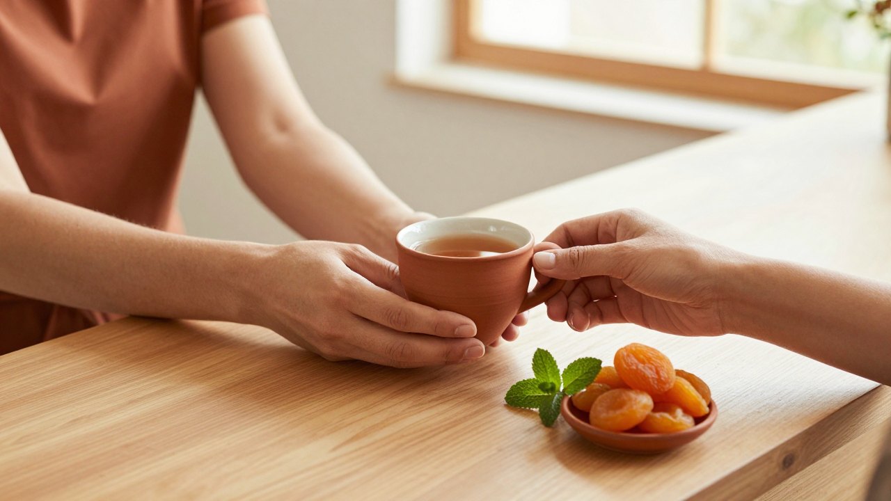 Hands passing a terracotta cup of herbal tea across a wooden reception counter