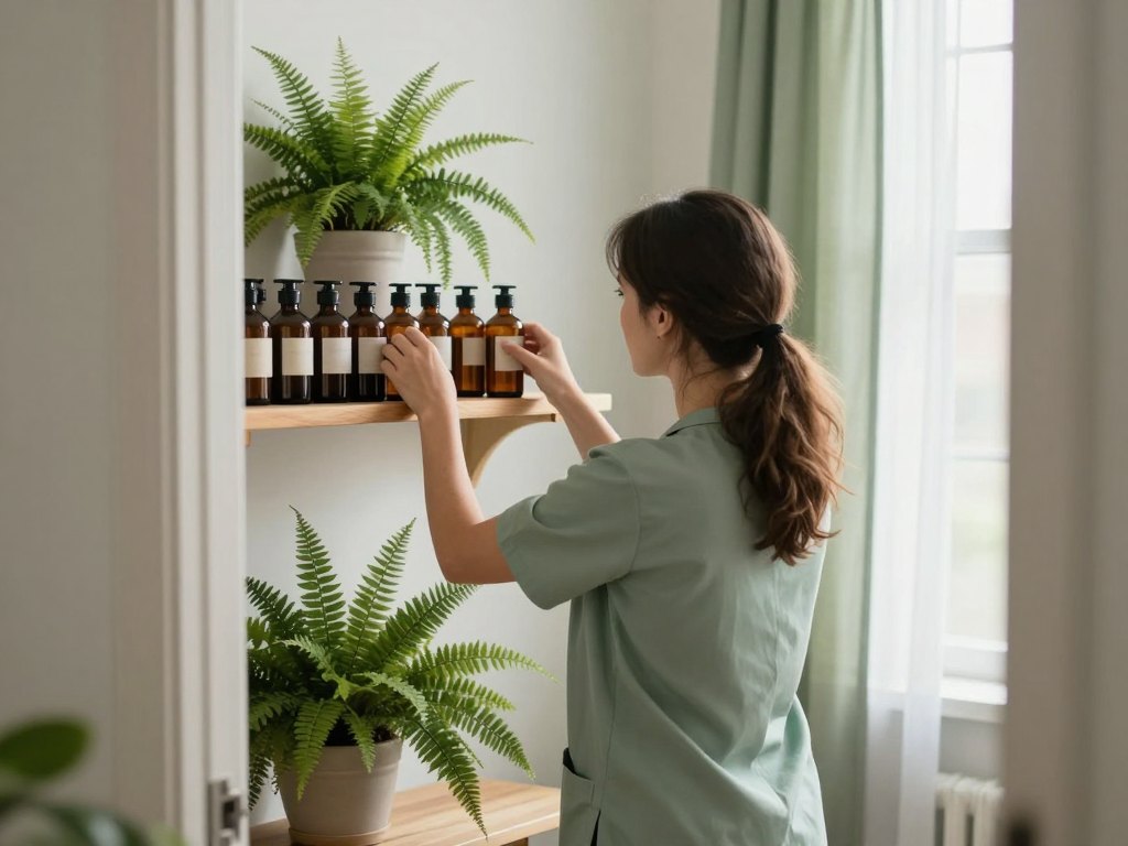 Therapist seen from behind arranging plain ceramic bottles on a shelf in a small bright studio
