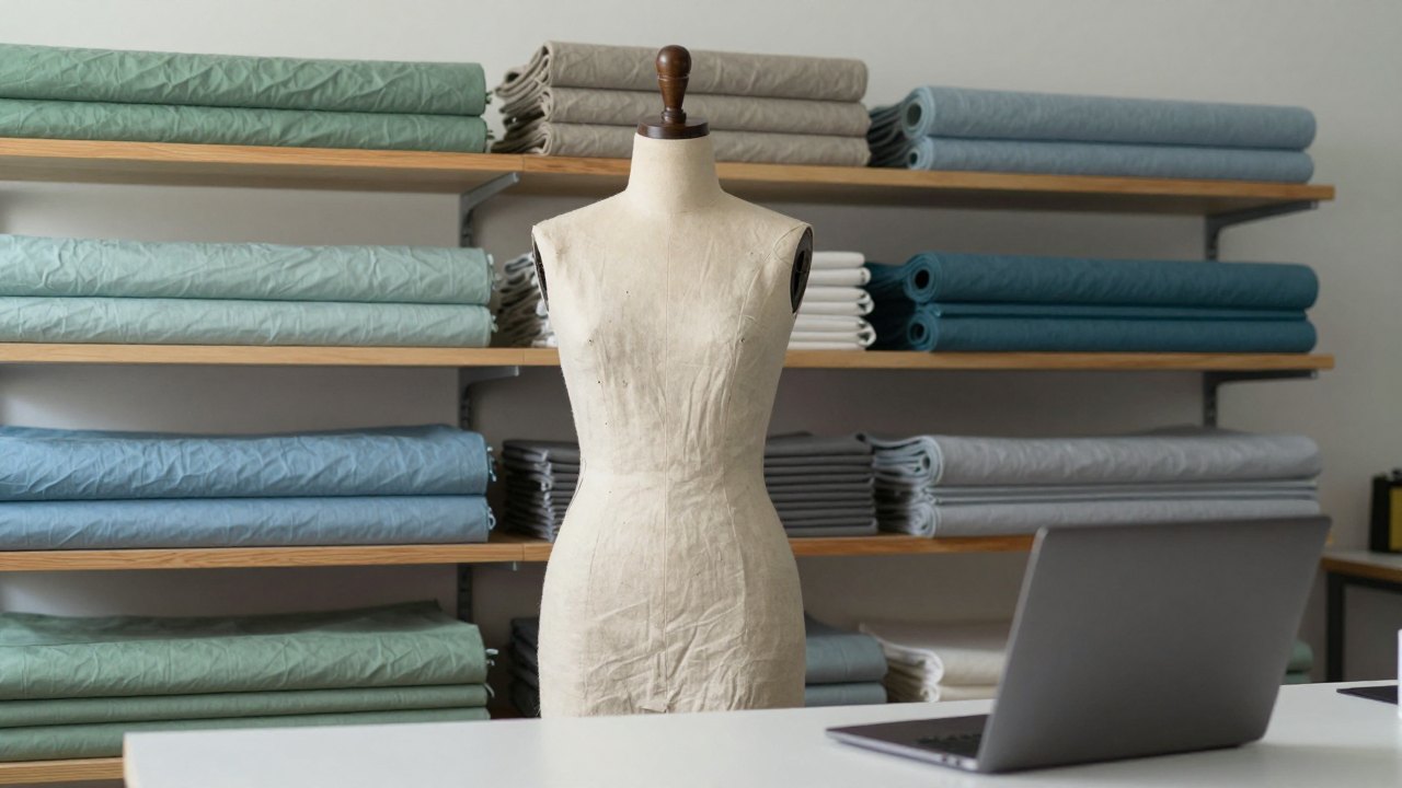 Sewing studio with a draped dress form, folded fabrics on shelves and a closed laptop