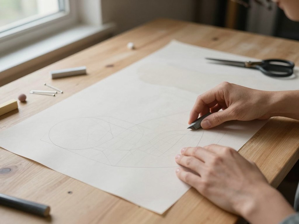 Hands arranging a paper pattern piece next to a partly pinned muslin garment on a table