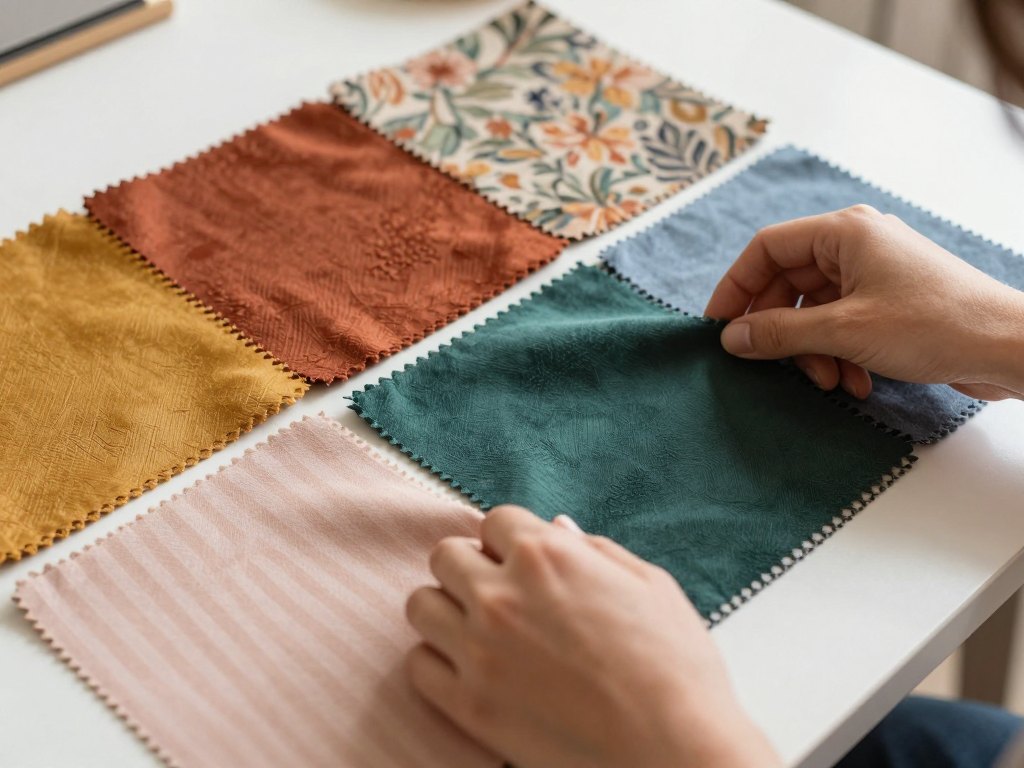 Hands arranging fabric swatches of warm and cool colours on a white table