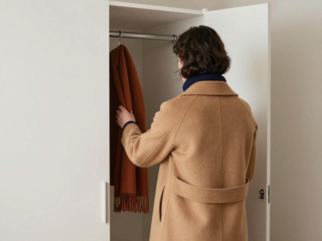 Person seen from behind choosing a scarf at an open wardrobe in morning light