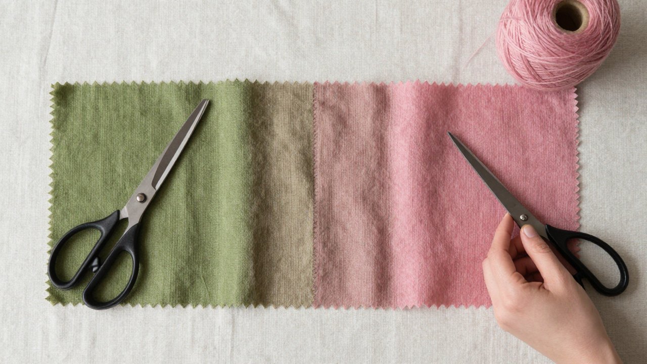 Hand arranging fabric swatches and wool skeins in a colour gradient on a table