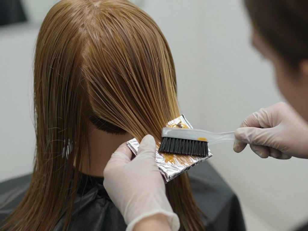 Gloved hands painting a section of hair with colour mixture over foil