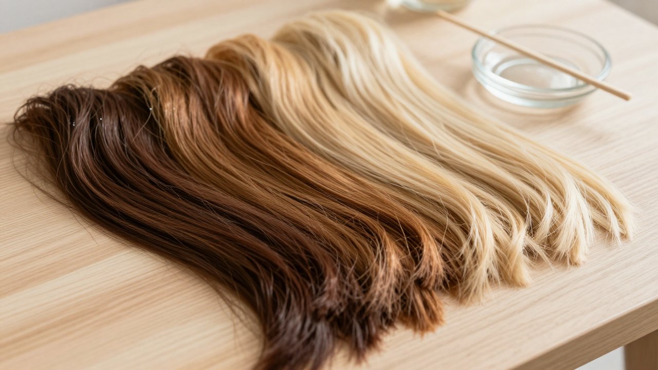 Hair swatches in graduated brown to blonde shades on a wooden table