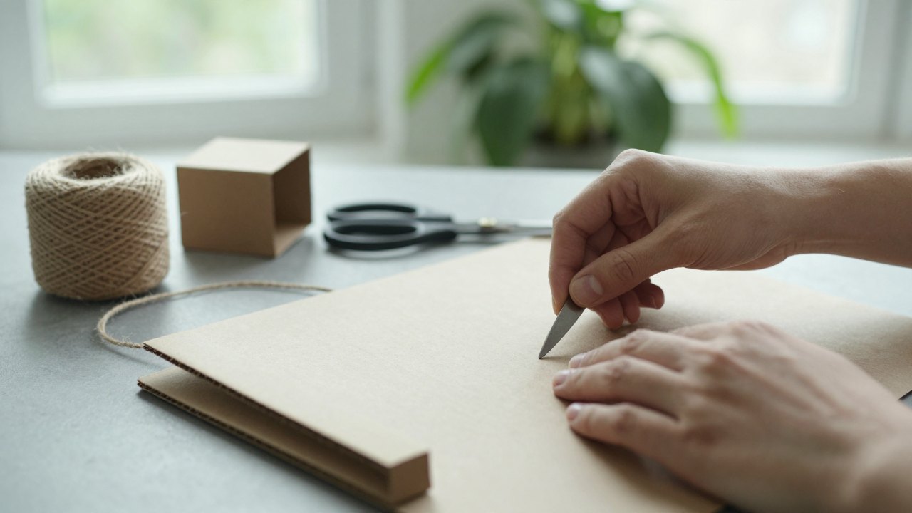 Hands wrapping a small painting in brown paper with twine and scissors on a table