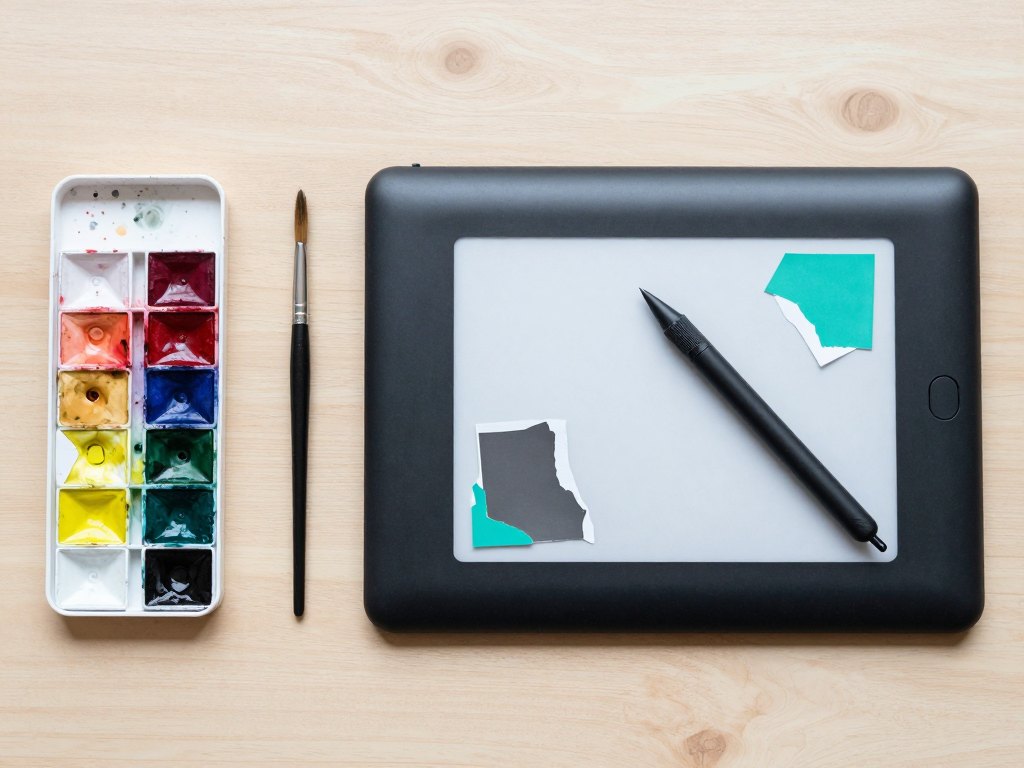 Overhead view of watercolours, charcoal, stylus tablet and paper scraps on a wooden table