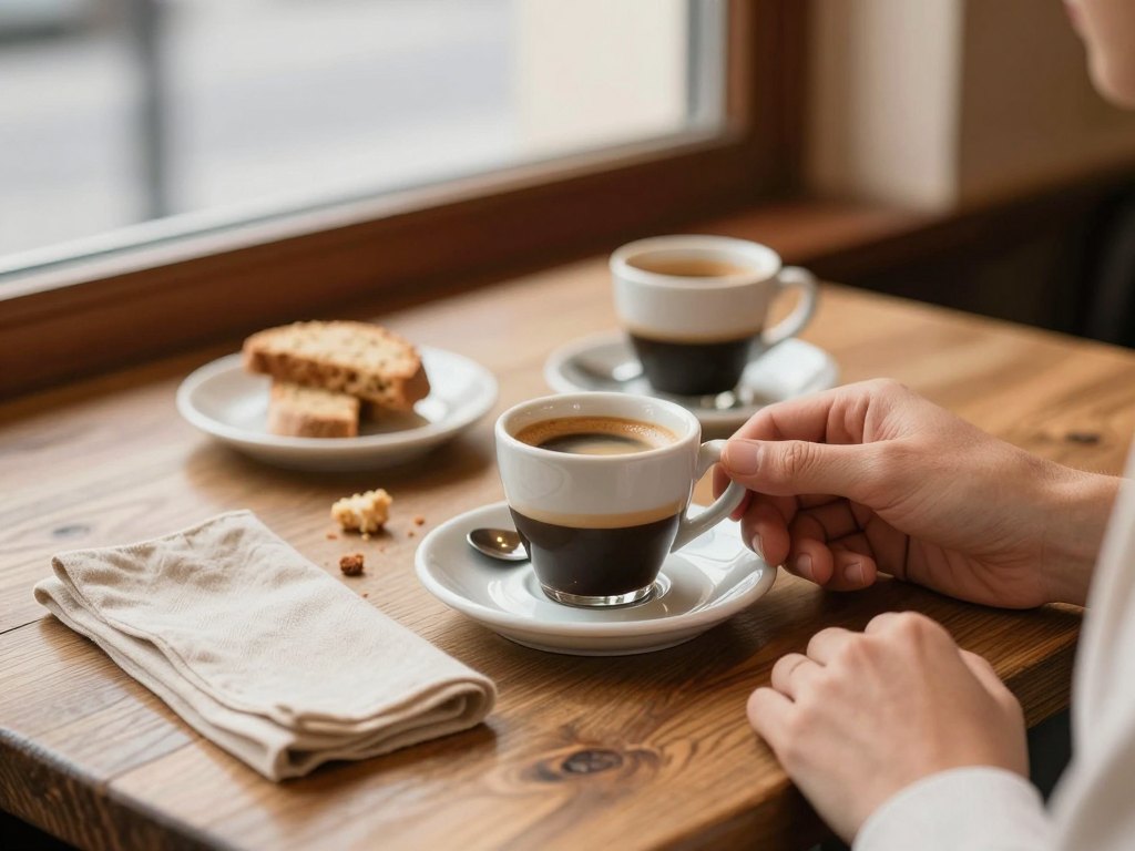Hands holding an espresso cup at a wooden café table with a second cup opposite