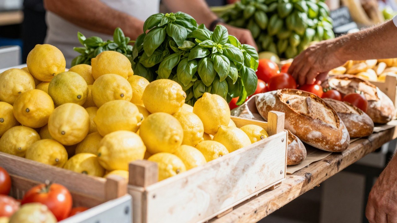 Hands arranging lemons, tomatoes and basil at a sunlit outdoor market stall