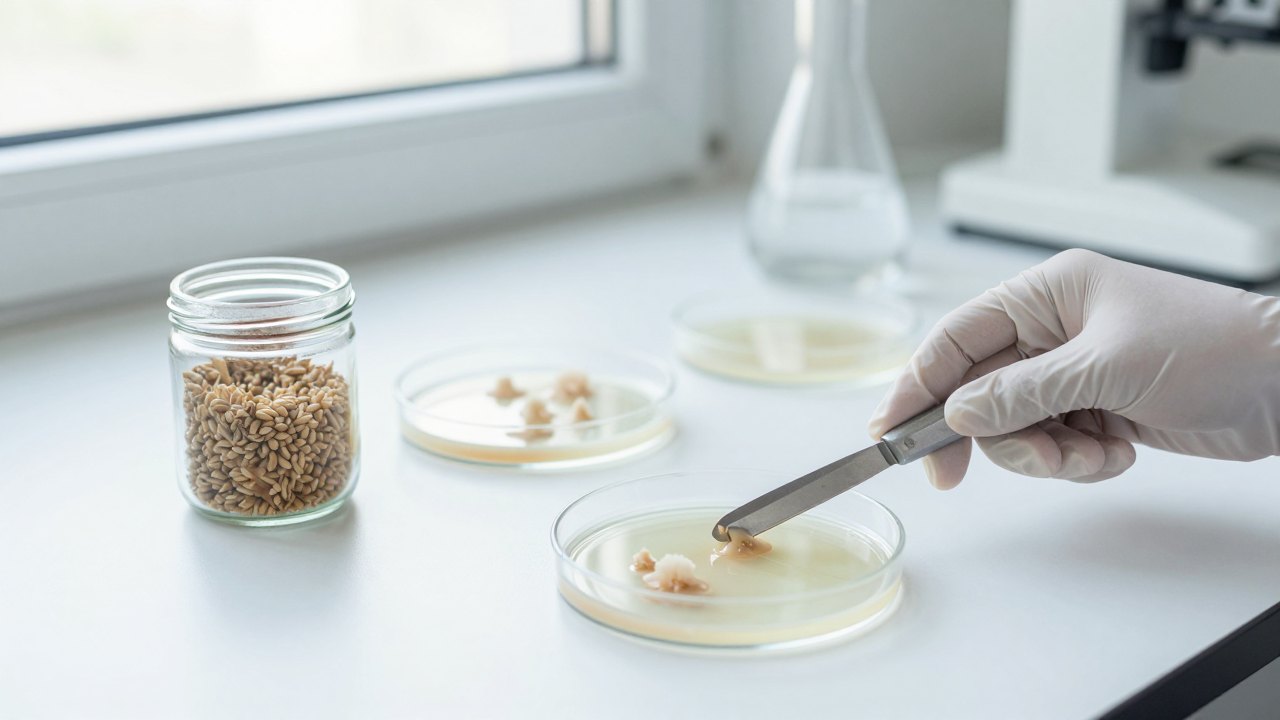 Gloved hands working over petri dishes with mycelium culture on a laboratory bench