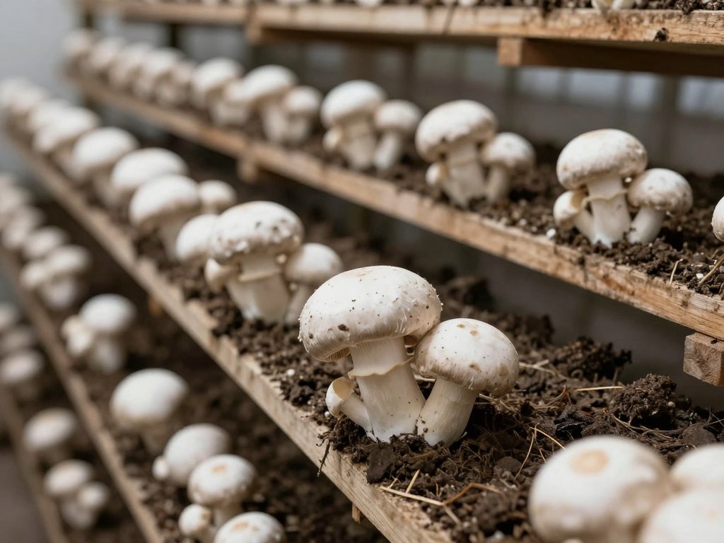 Button mushrooms of different sizes growing in compost beds on shelves in a growing room