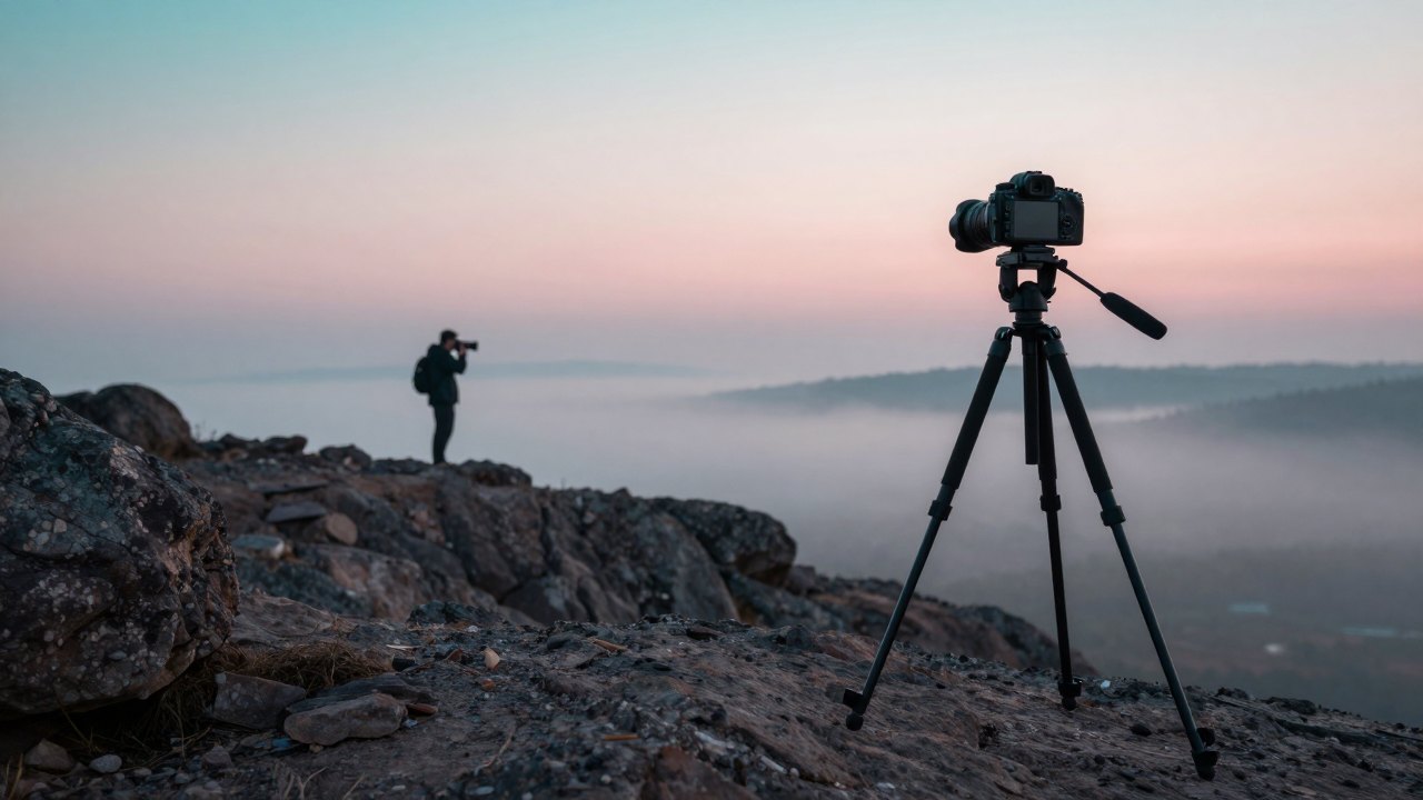 Photographer with a tripod on a misty hillside at sunrise, seen from behind