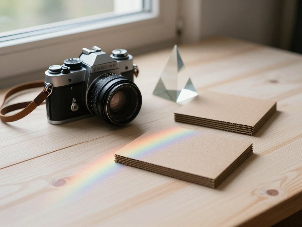 Film camera, glass prism and blank cardboard mounts on a wooden table in window light