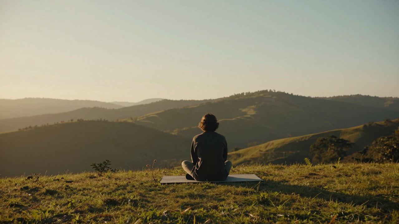 Distant figure seated on a yoga mat on a grassy hillside at golden hour