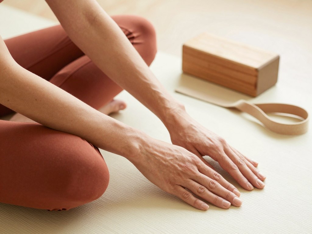 Hands resting on a yoga mat in a seated twist with a block and strap nearby