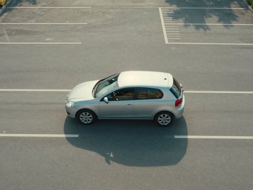 Aerial view of a silver car reversing into a marked parking space on an empty lot