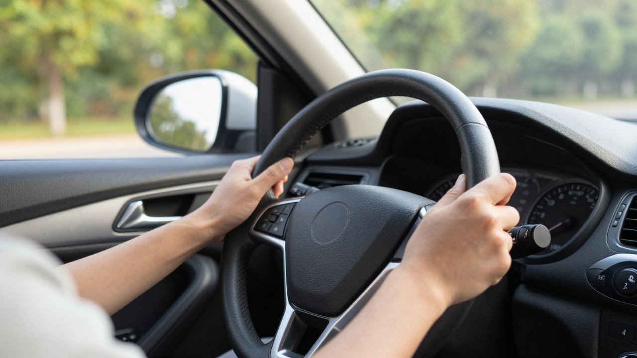 Two hands resting on a steering wheel inside a parked car with trees outside