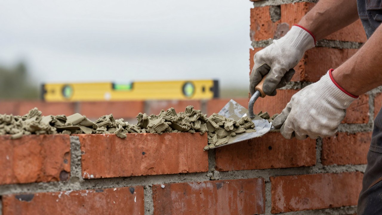 Gloved hands laying mortar with a trowel on a partly built brick wall