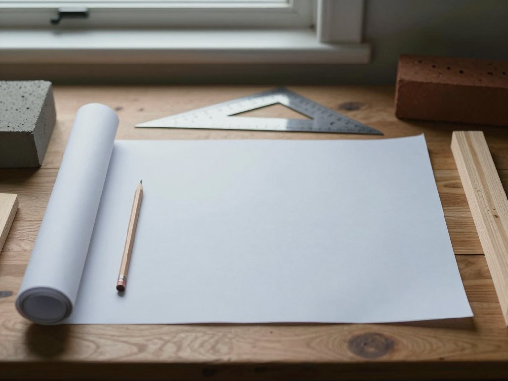 Pencil, blank drawing sheets and small material samples arranged in a row on a desk