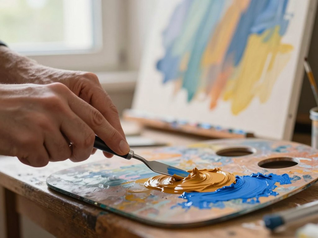 Hands mixing thick oil paint with a palette knife beside a textured canvas