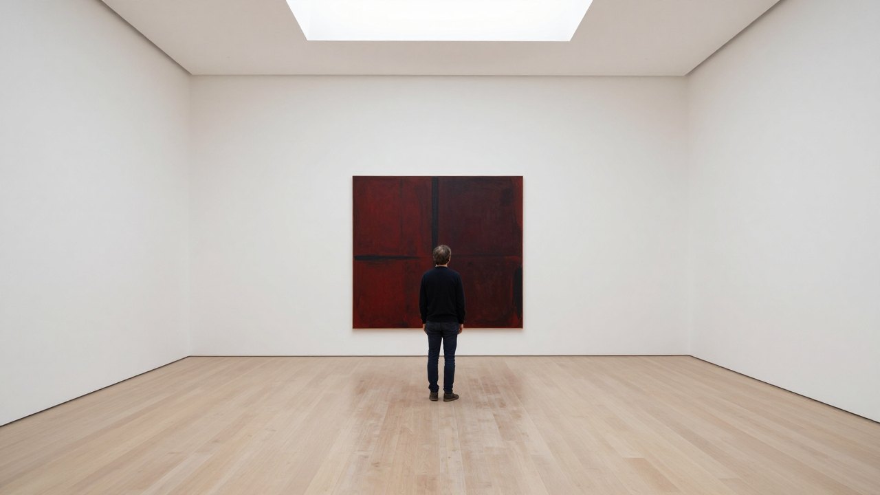 Visitor seen from behind looking at a large abstract painting in an empty gallery