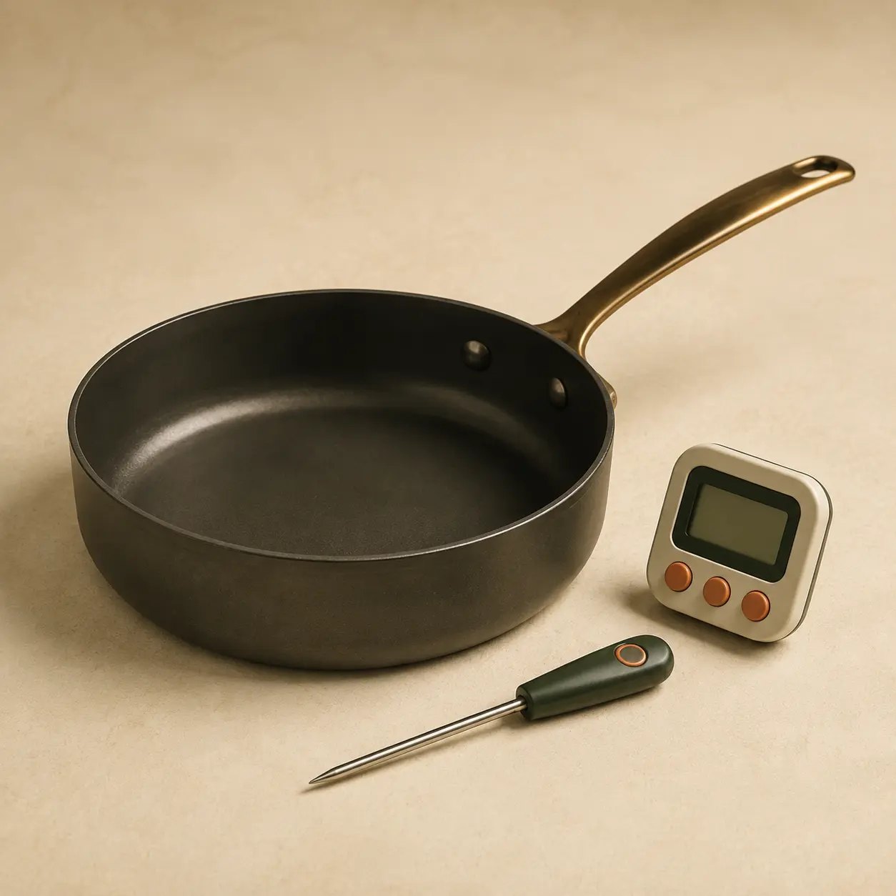 Dark skillet with a digital kitchen timer and a probe thermometer on a beige surface