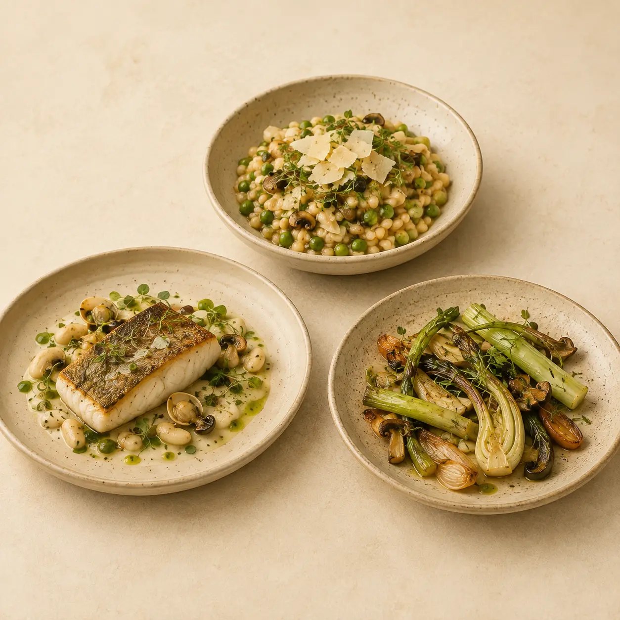 Three ceramic dishes: fish with white beans, pea risotto with parmesan and braised fennel with mushrooms