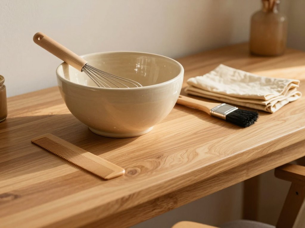 Mixing bowl, brushes, foils and comb arranged on a wooden tray at a salon station