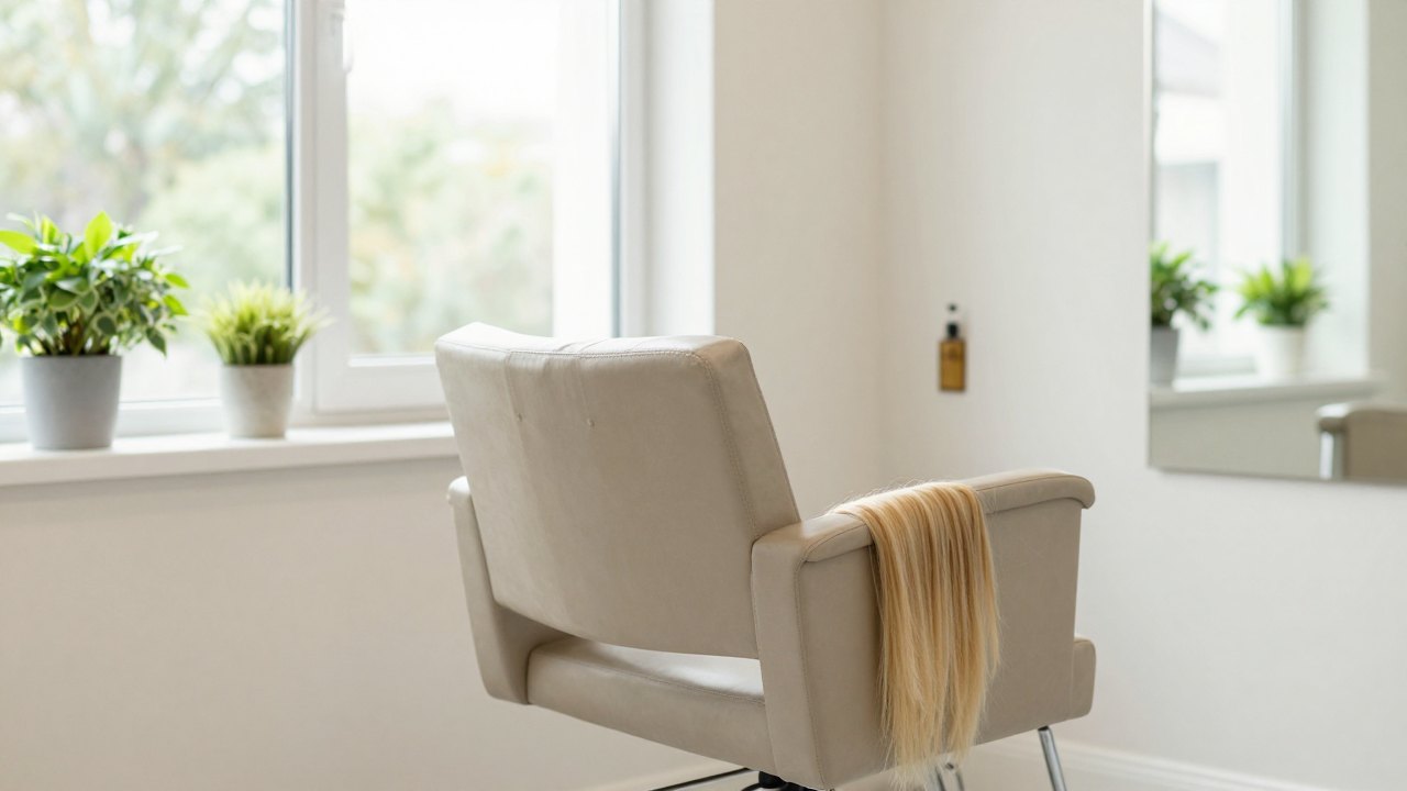 Empty styling chair by a bright window with plants and a blonde hair swatch