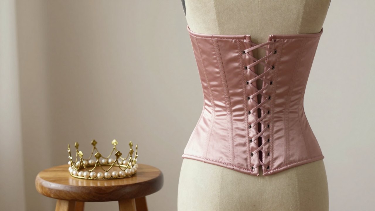 Rose satin corset on a dress form beside a wire and pearl headpiece