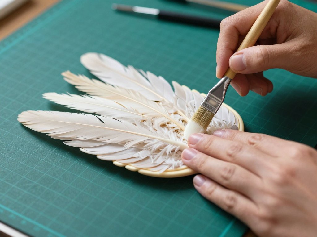 Hands attaching a feather to a curved wing frame on a green mat