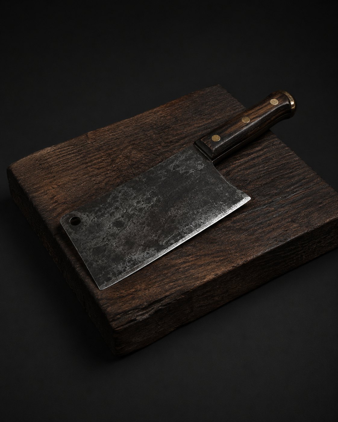 Vintage meat cleaver with a brass-riveted wooden handle on a dark wooden block