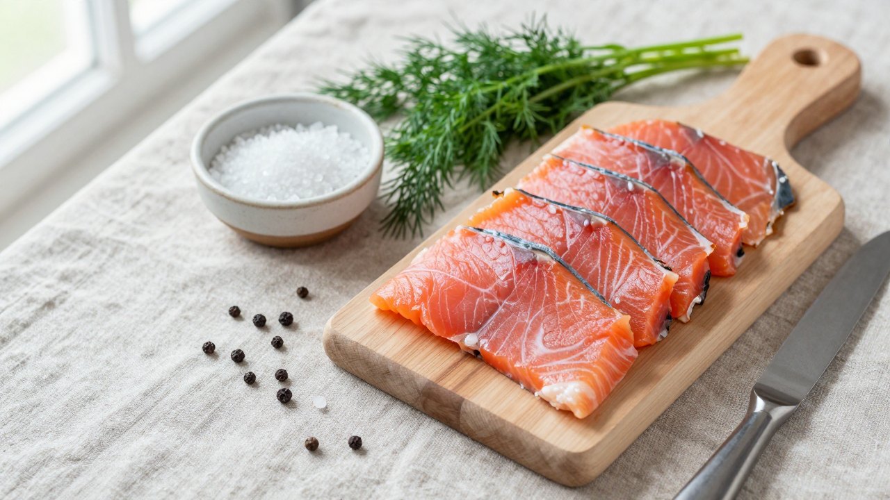 Thinly sliced cured salmon on a wooden board with salt, dill and peppercorns